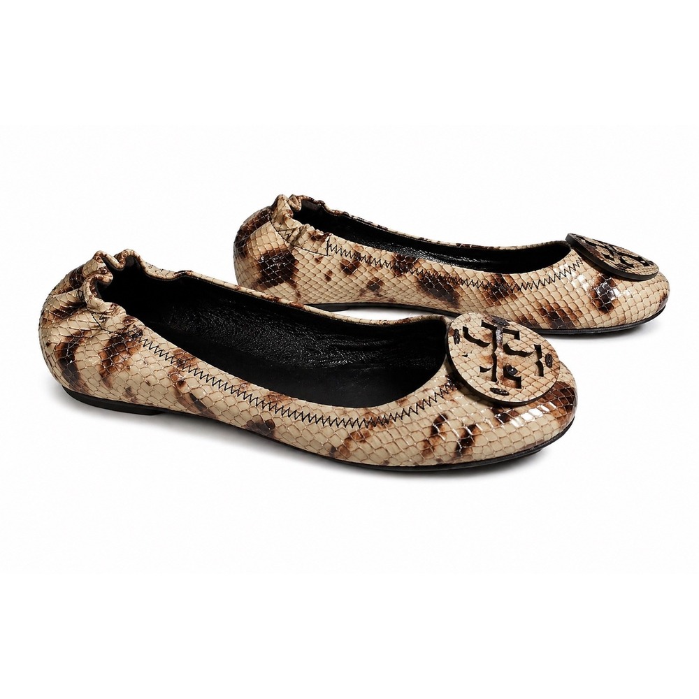 Tory Burch Reva Ballet Flats Women 7M Beige Snakeskin Leather Excellent Logo